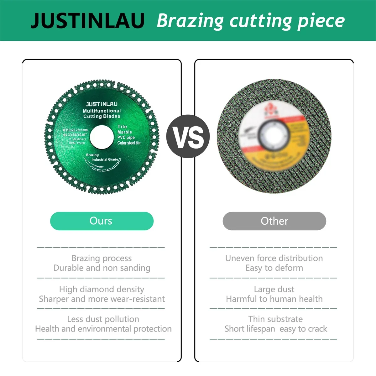 JUSTINLAU 2pcs 4 인치 22.23mm 구멍 절단 디스크 절단 콘크리트 목재 타일 철강 금속 알루미늄 화강암 석재 그라인더 톱 블레이드
