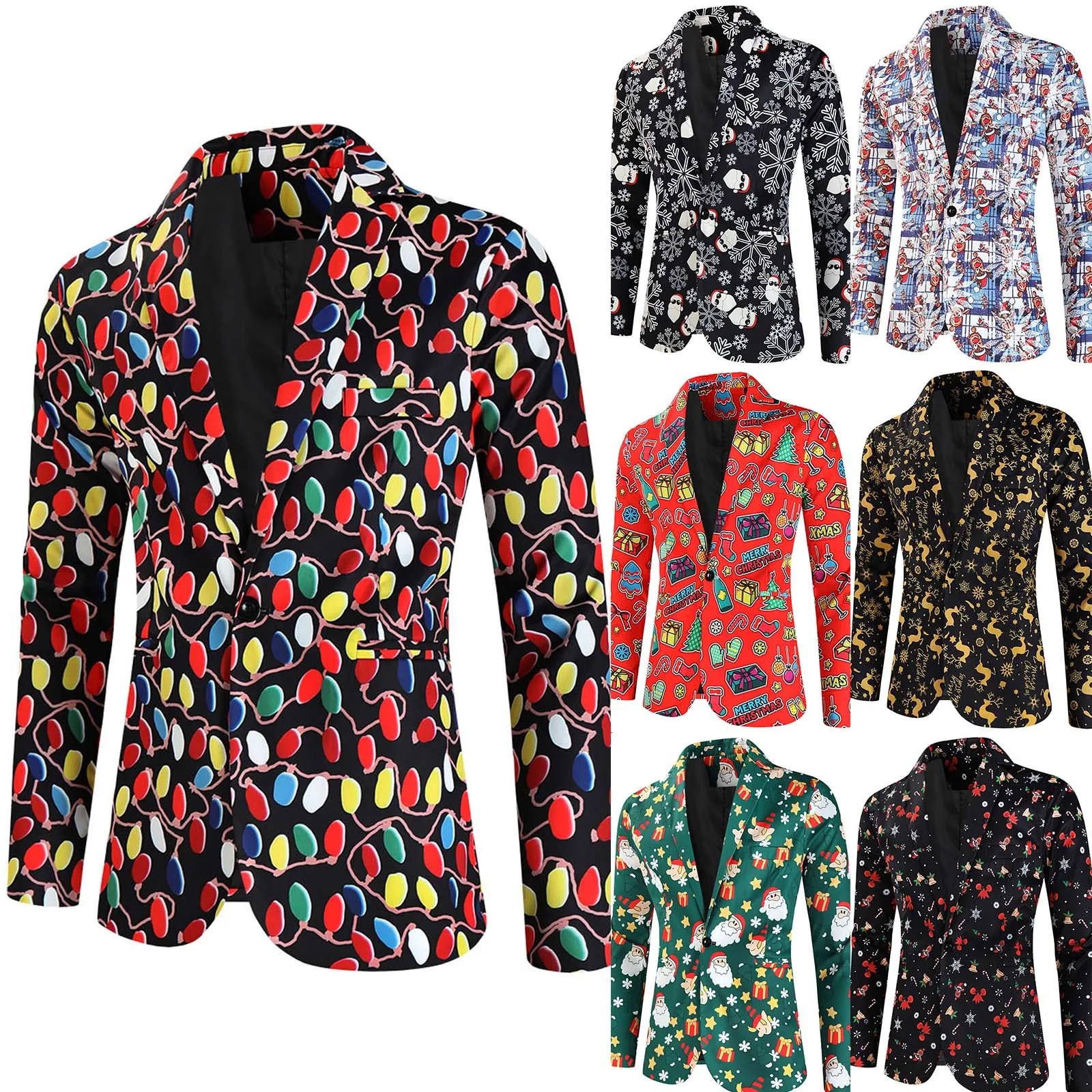 Mens Fashion Leisure Christmas Printed Pocket Buttons long Sleeve V Neck Suit Big Male Suits idle leisure Suit Coat men blazers