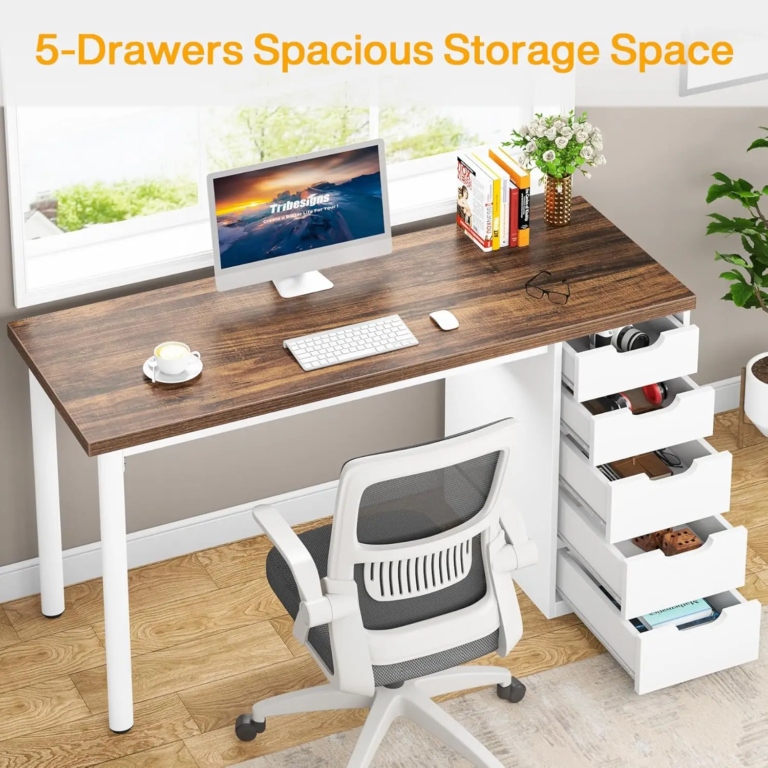 Computer Desk with 5 Drawers, 47 inches Rustic Brown Home Office Desk with Storage, Modern Simple Laptop Study W