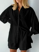 Casual Loose Women Short Two Piece Set Suit Fashion Blouse Long Sleeve Shirt Lady Simple Style Shorts Streetwear Blouse Tops - Image 3