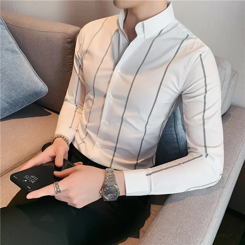Plus Size 5XL-M High Quality Business Formal Striped Shirts Men Long Sleeve Casual Slim Fit Tuxedo Shirts Social Club Clothing