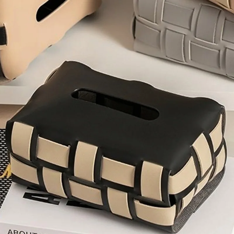 Black and White Checkerboard Woven Leather Car Tissue Box High-end Light Luxury Living Room Dining Table Bedroom Storage Box 2