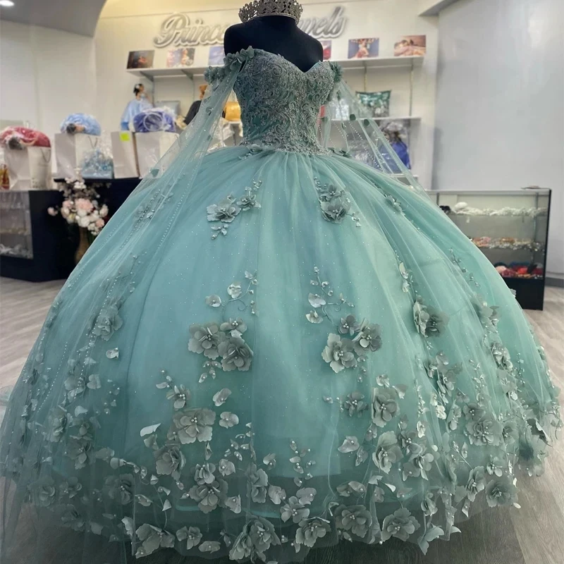 

Mint Green Shiny Quinceanera Dress 2024 With Cape Ball Gown Sleeveless Beading 3D Flowers Corset Vestido De 15 Anos