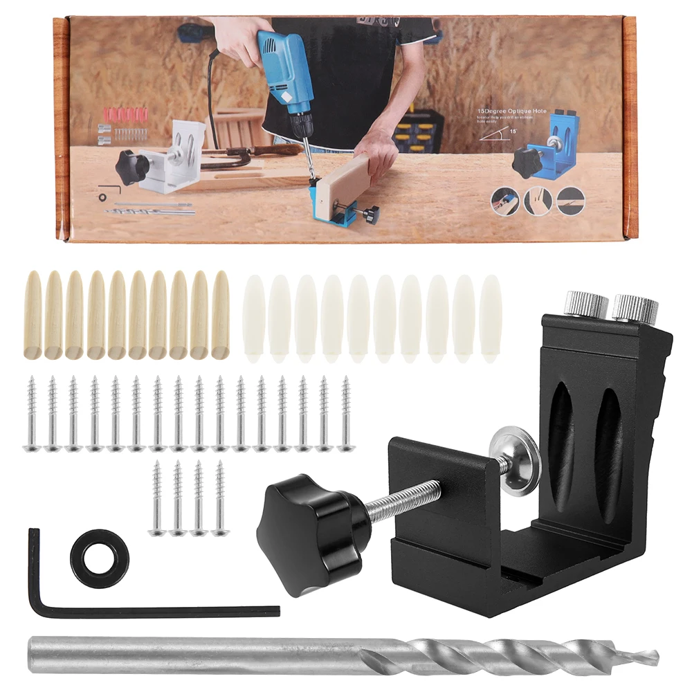 

46Pcs 15 Degree Angle Drill Guide Set Carpentry Tools Oblique Hole Locator Woodworking Positioner Drill Bits Pocket Hole Jig Kit