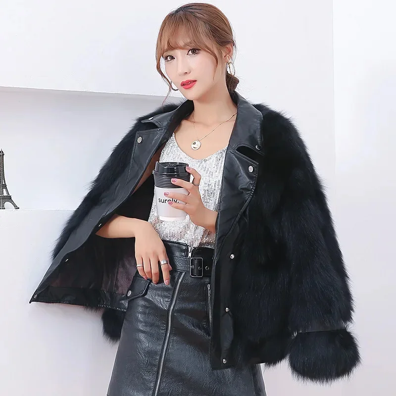 

Fox Fur Jacket Luxury Fashion Warm Whole Leather White Raccoon Motorcycle Short Coat Women