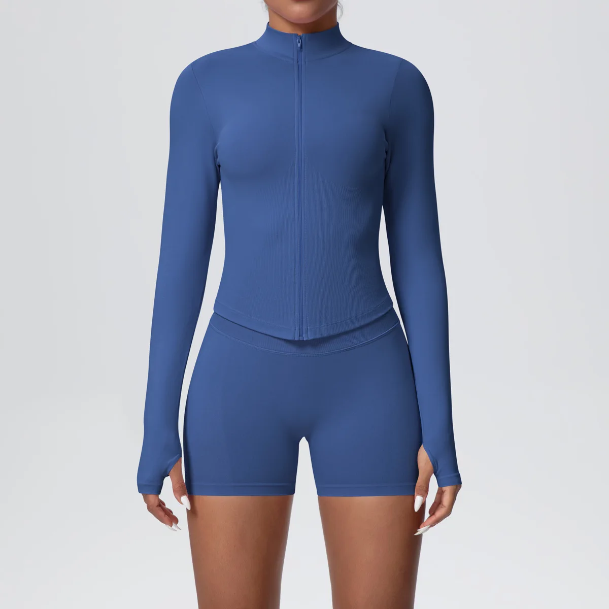 Women Gym Set - Seamless Yoga Suit With Zip Shirt & Cycling Shorts Activewear
