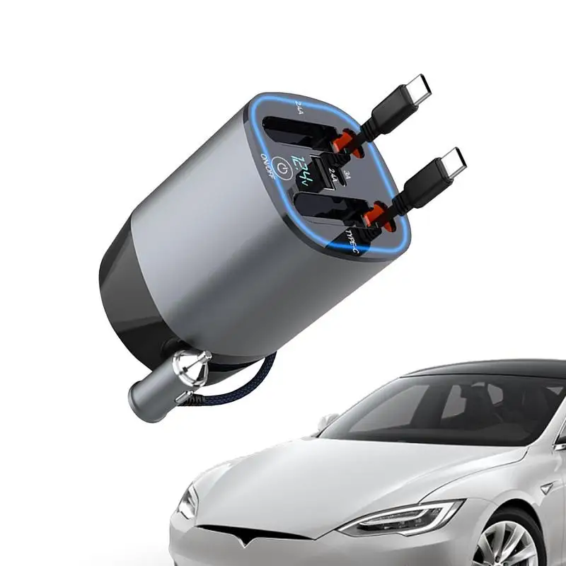 

Car Charger Fast Charge 5 In 1 Smart Car Cell Phone Charger With Dual Retractable Cables Car Diffuser Car LED Lights Interior