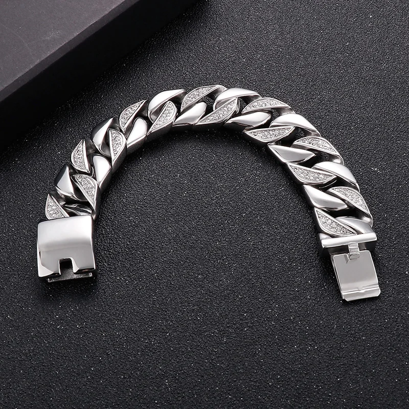Fongten 22 cm Kubanischen Kette Armbänder Für Männer Zirkon Edelstahl Kette Handgelenk Armbänder Gothic Männlichen Armreif Silber Farbe schmuck – Detail 10