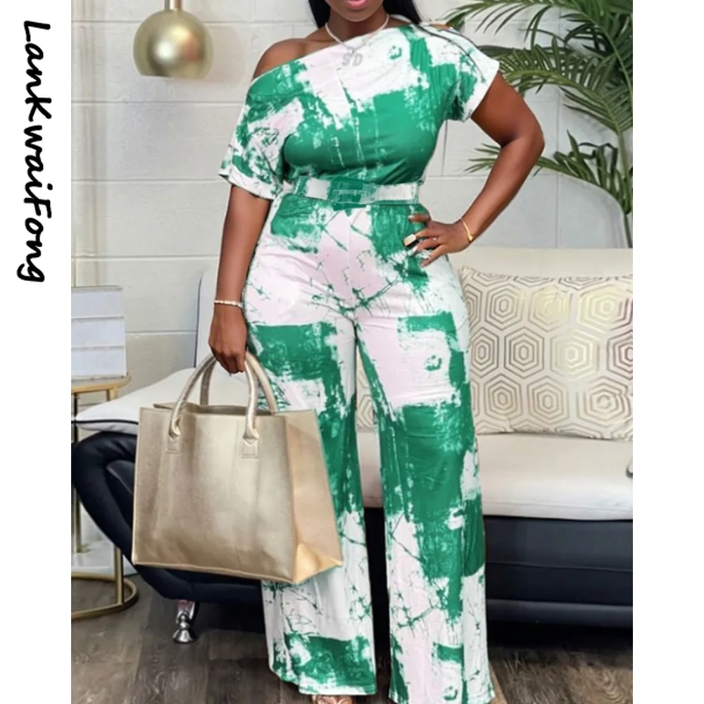 

LKF 2023 Summer New Print Short-sleeved Slim-fit Straight-leg Pants Commuter Ladies Casual Jumpsuit