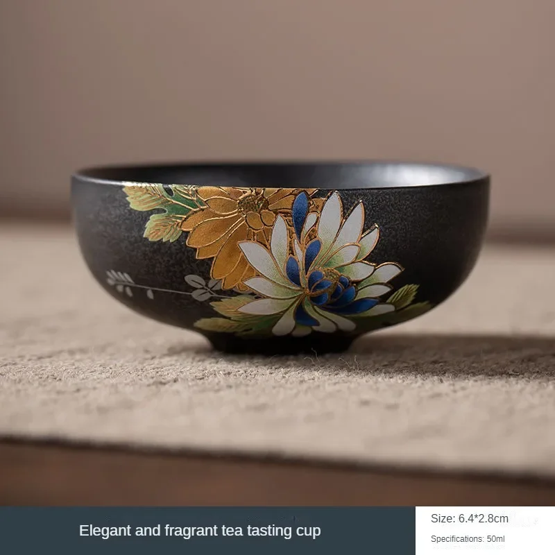 Kiln turned silver black hot stamping relief craft tea cup Goupin cup antique ceramic master cup tea cup Kung Fu tea set