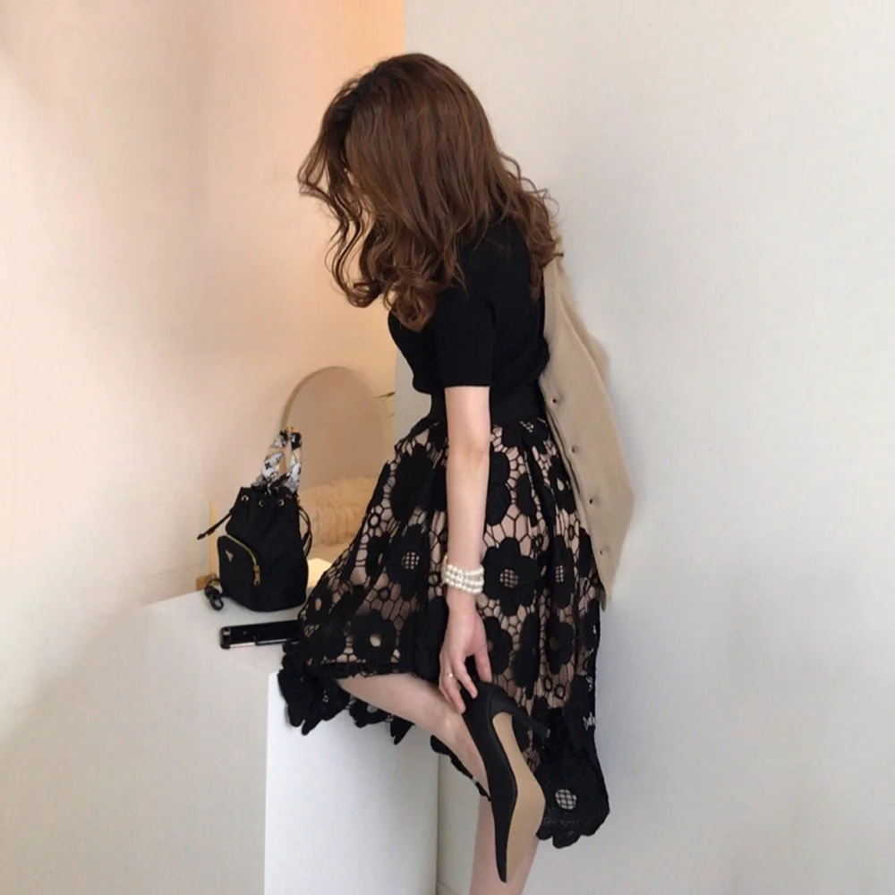 

Faldas Para Mujeres2023 New Fashion Elegant Sexy Lace Hollow Embroidery Floral Y2k Skirt Fashion High Waist Party Black Dress