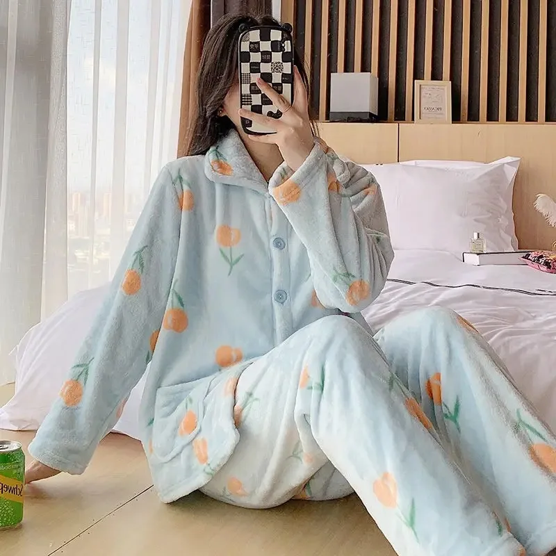 2024 New Autumn Winter Thick Coral Fleece Pajamas Women's Set Loungewear Plus-plus-size Cute Flannel Long-sleeved Sleepwear