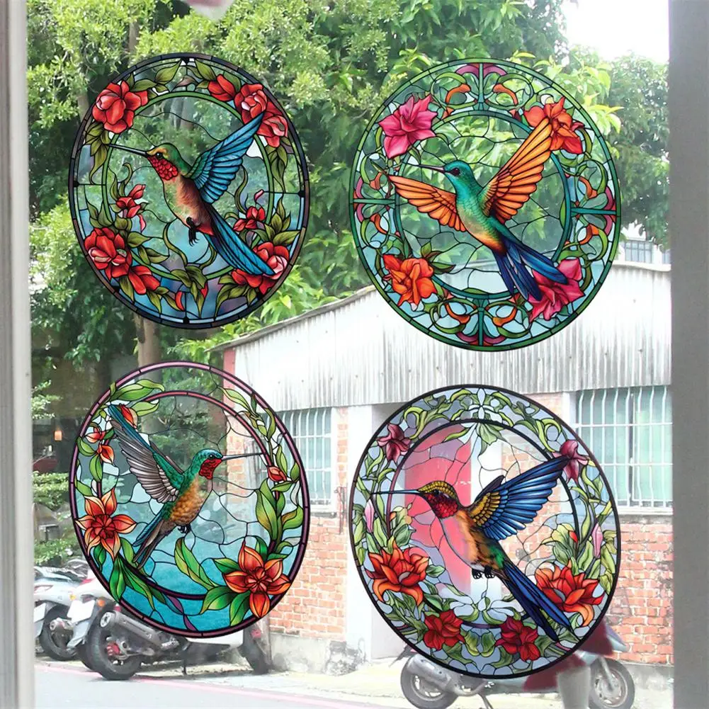 4pcs Stained Glass Window Film Round Colorful Hummingbird Static Window Clings For Home Decoration