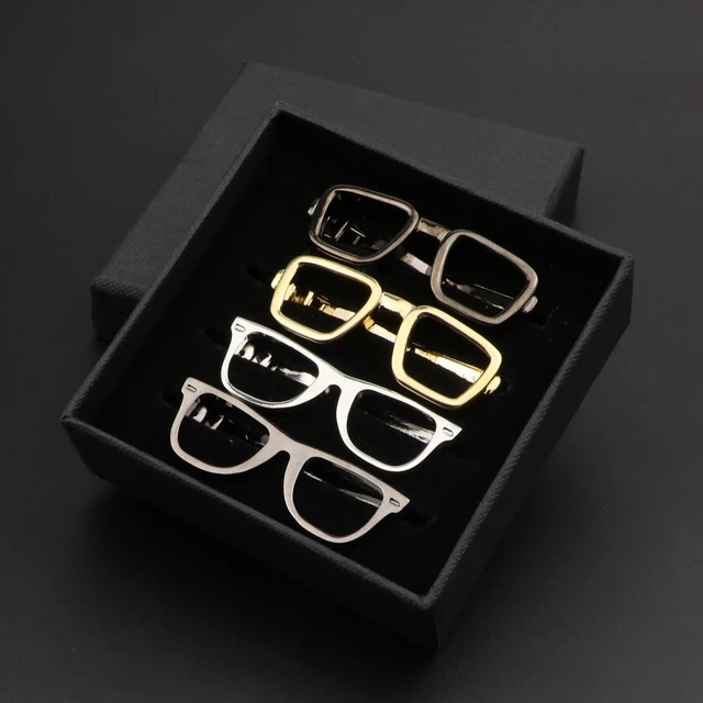 Fashion Metal Men Tie Clip Set With Gift Box Gentlemen Classic Necktie Tie Bar Clasp Clip Pin Gold Black Glasses Wedding Jewelry