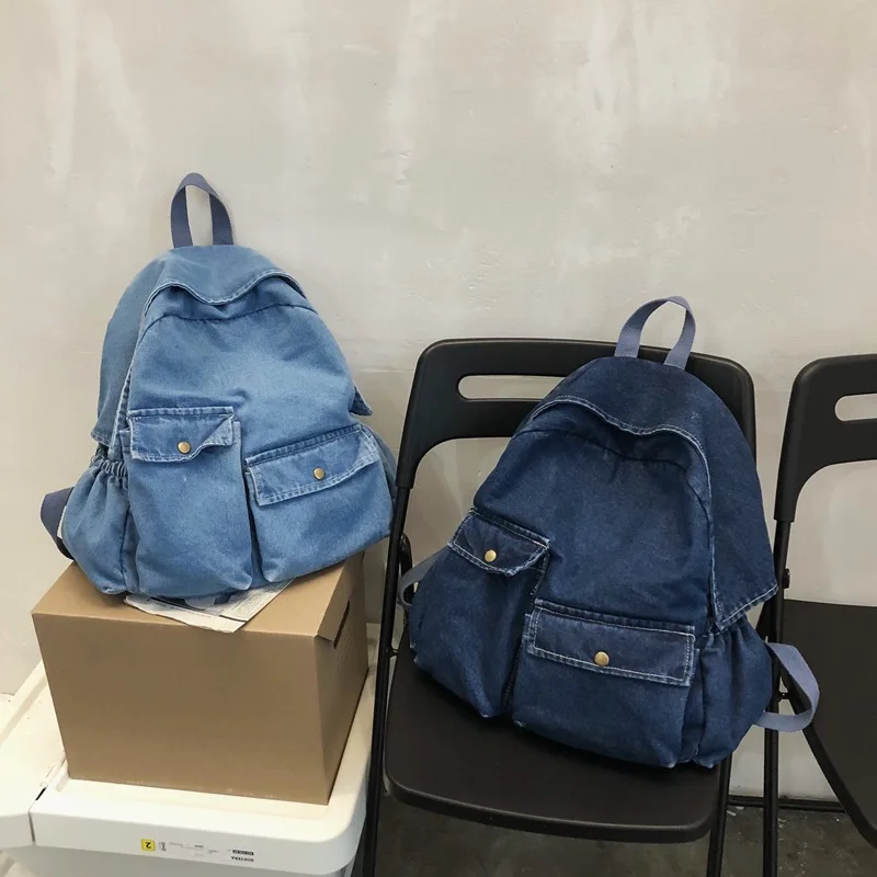 School Backpack for College Students Denim Korean Simple Zipper Casual Solid High-Capacity Travel Backpack Unisex