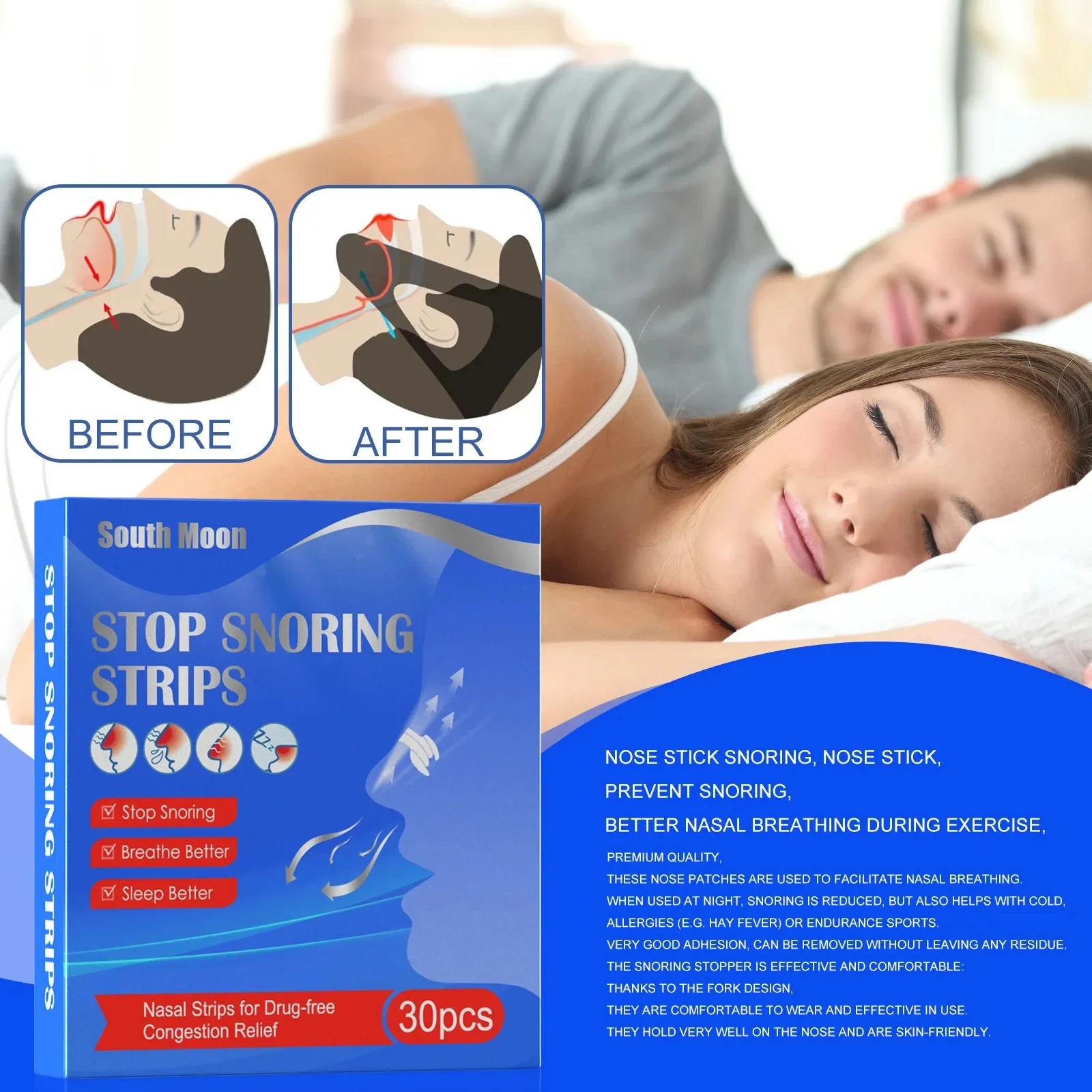 10/30/50/60/90/100PCS Breath Nasal Strips Anti-snoring Strip Better Relieve Nasal Congestion Solve Sleep Problem Best Aid Device