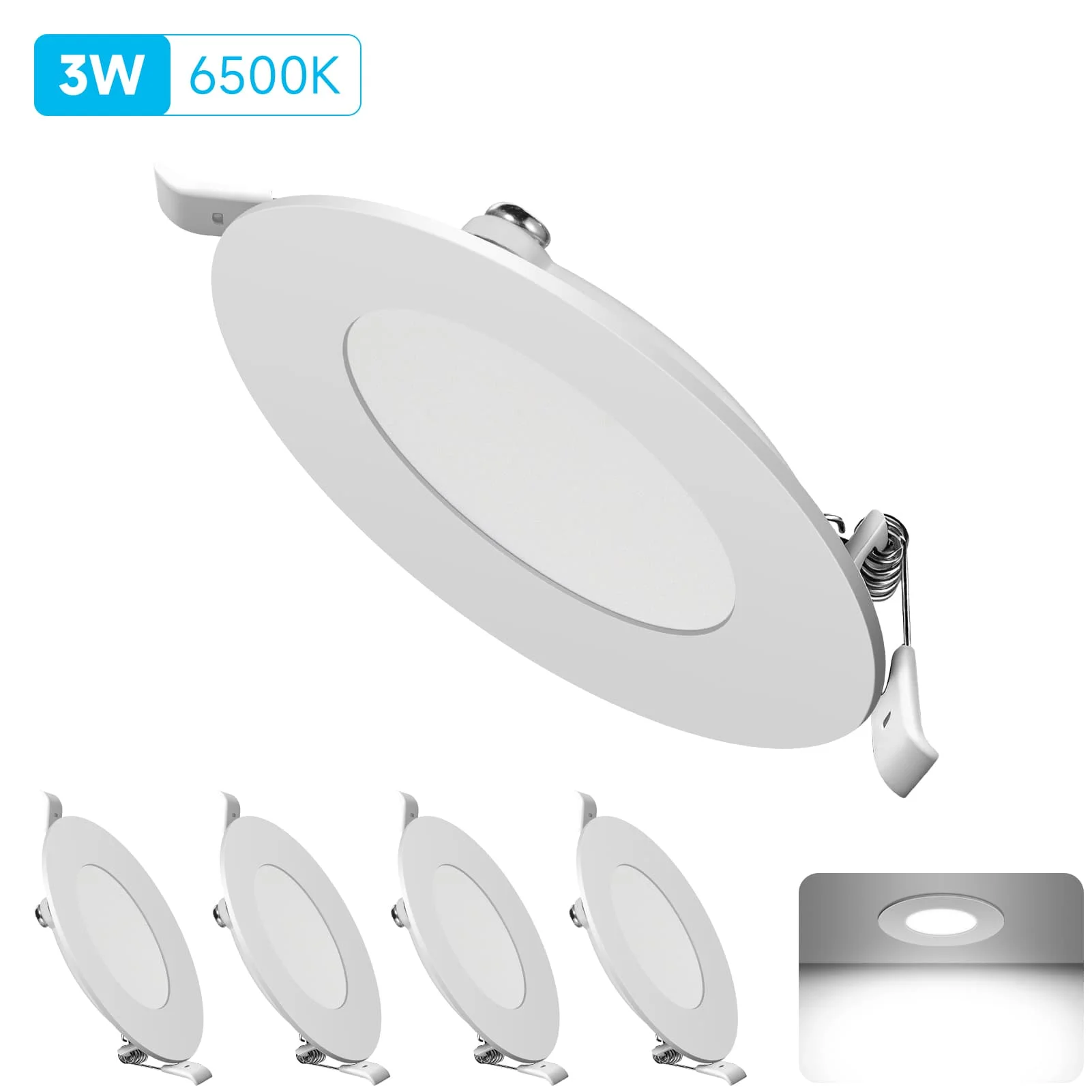 5PC Ultra-thin Round LED Panel Lights (3W, 6W, 9W, 12W, 15W, 18W, 24W), Aluminum Ceiling-Mounted Recessed Downlights, Adjustable Cutout, White