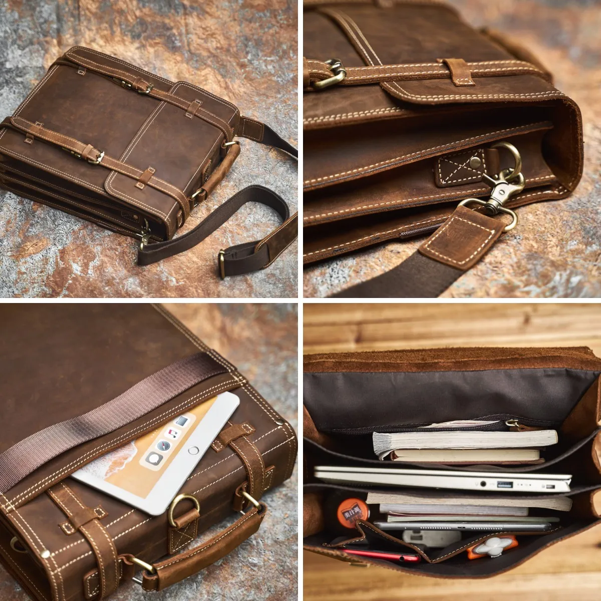 Genuine Leather Vintage NASVA Men's Backpack Crossbody Bag Handbag Satchel Messenger Bag  Leather Laptop Pouch 6
