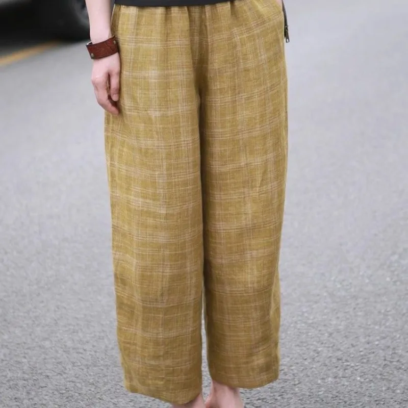 Checkered Cotton and Linen 2024 Summer Women's Retro Patchwork Pockets Rolled Edges Wide Leg Loose Casual Straight Leg Pants