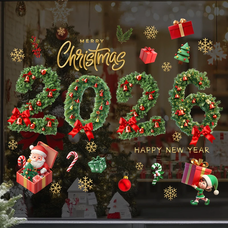 2026 Christmas Window Sticker Cartoon Santa Claus Gifts Snowflake Glass Decal New Year Home Decoration DIY Electrostatic Sticker