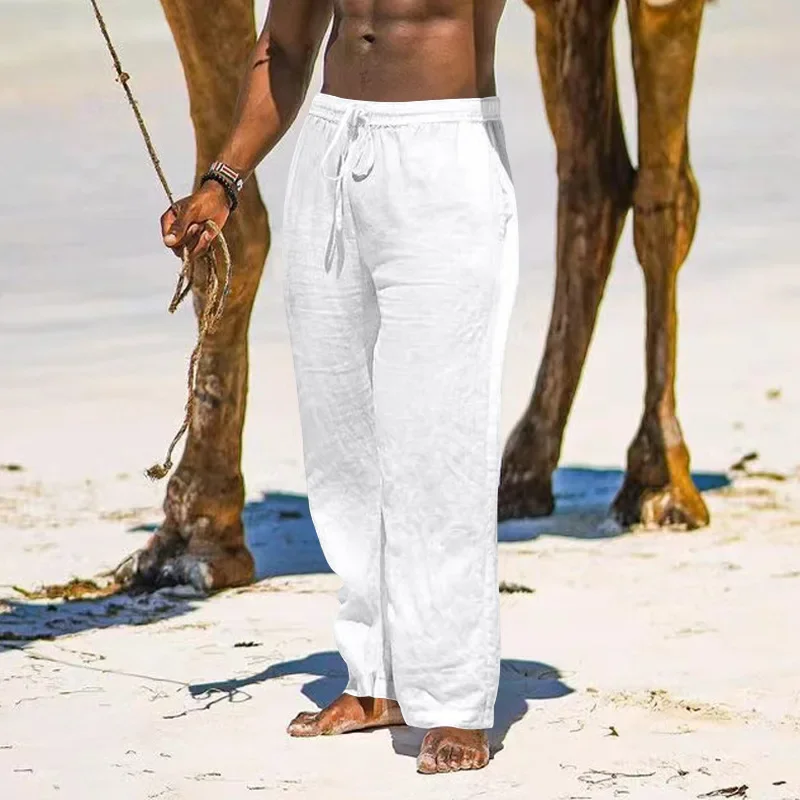 Men's Cotton Linen Pants Casual Loose Straight Pants Lightweight Drawstring Beach Trousers Mens Trousers 4