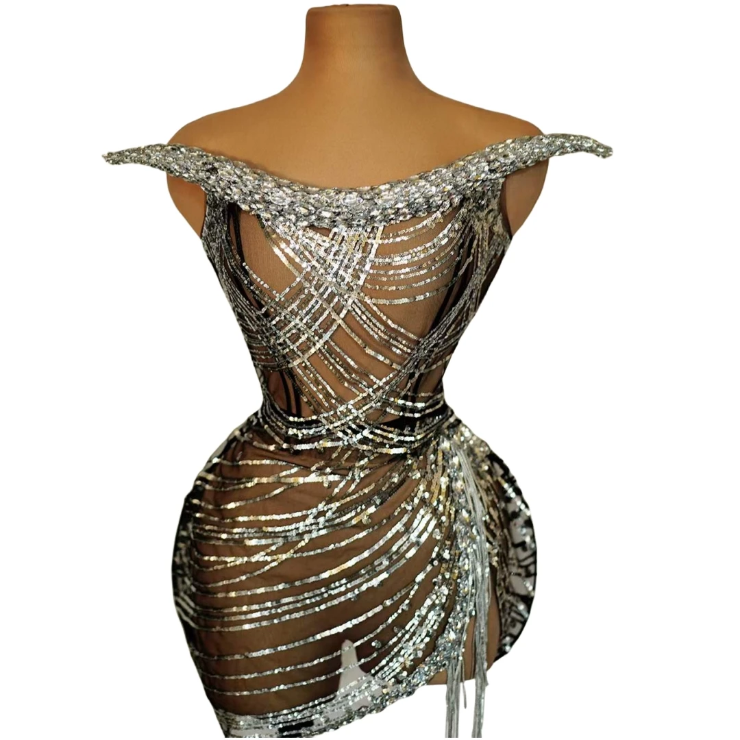 Shinning Sequins Mesh Sheer See Thru Dress For Women 2024 New Night Club Wear Party Dance Groop Costume