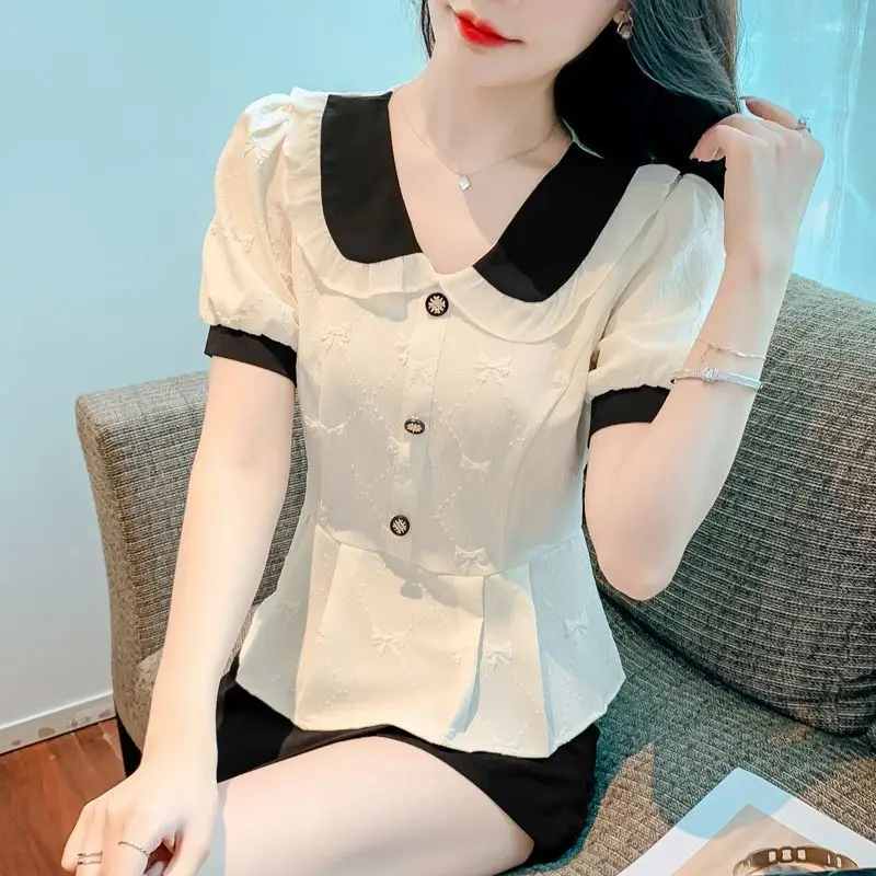 스위트한 피터팬 칼라 폴드 퍼프 소매 블라우스, 루즈한 캐주얼 반팔 상의, 한국 셔츠, 여성 의류, 2024 여름 신상