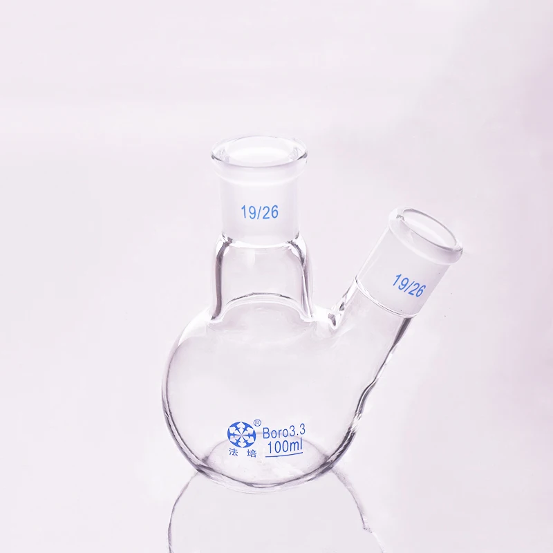 

Two-necked flask oblique shape,with two necks standard ground mouth 100ml 19/26,Two-necked flat bottom flask