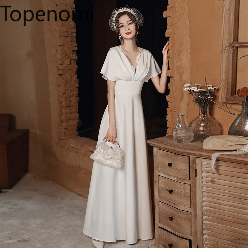 

Topenomi Light Wedding Evening Dress Women 2024 New Lace Deep V Neck Waist A-line Long Dresses French Simple Satin Formal Gown