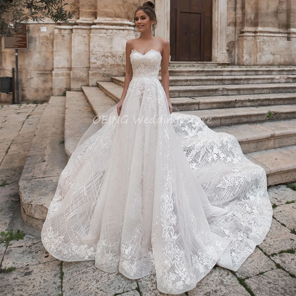 tea length wedding dress Sparkly Wedding Dress A Line Sweetheart Lace-up Chapel Train Church Wedding Dress Delicate Exquisite Applique Formal Bridal Gown reception dress for bride