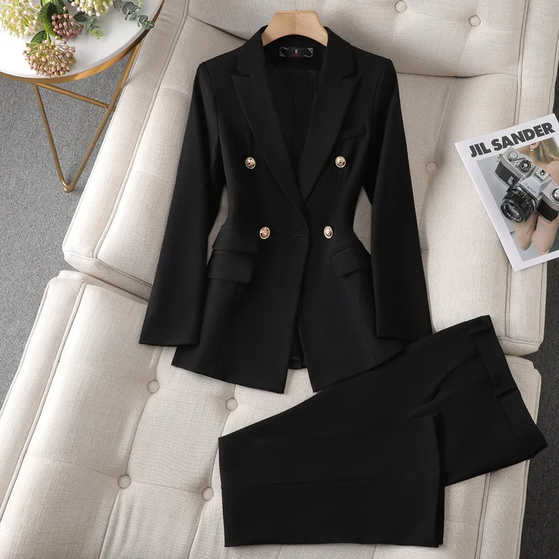 Tesco Business Women 2 Piece Suit Solid Blazer And Pants Straight Leg Trouser Formal Suit For Office Outfits Female blazer mujer