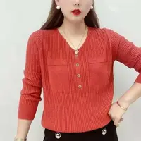 2024 Spring Autumn Women Korean Fashion Elegant Simple Solid Basic Knitwears Female Casual V Neck Long Sleeve Slim Pullover Tops 6