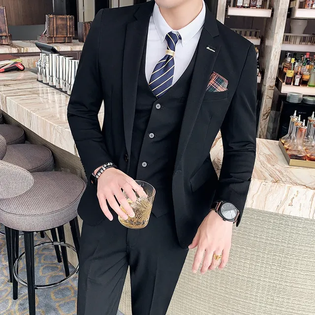 S-7XL (Jacket+Vest+Pants) Fashion Boutique Lattice Formal Business Mens Suit 3Pcs Set Groom Wedding Dress Plaid Suit Show Stage - TZ830 Black, 4XL(EUR XL)