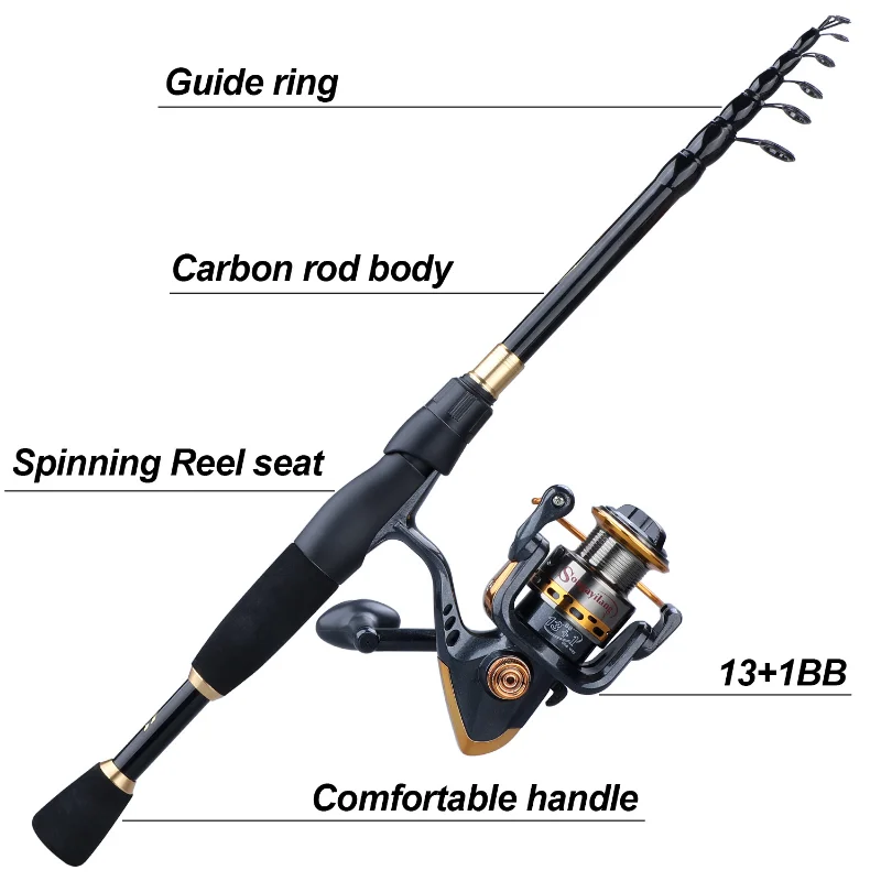 Sougayilang Telescopic Fishing Combo 1.8m 2.1m 2.4m Carbon Fiber Rod and  5.5:1 13+1BB Spinning Fishing Reel Fishing Kit Pesca