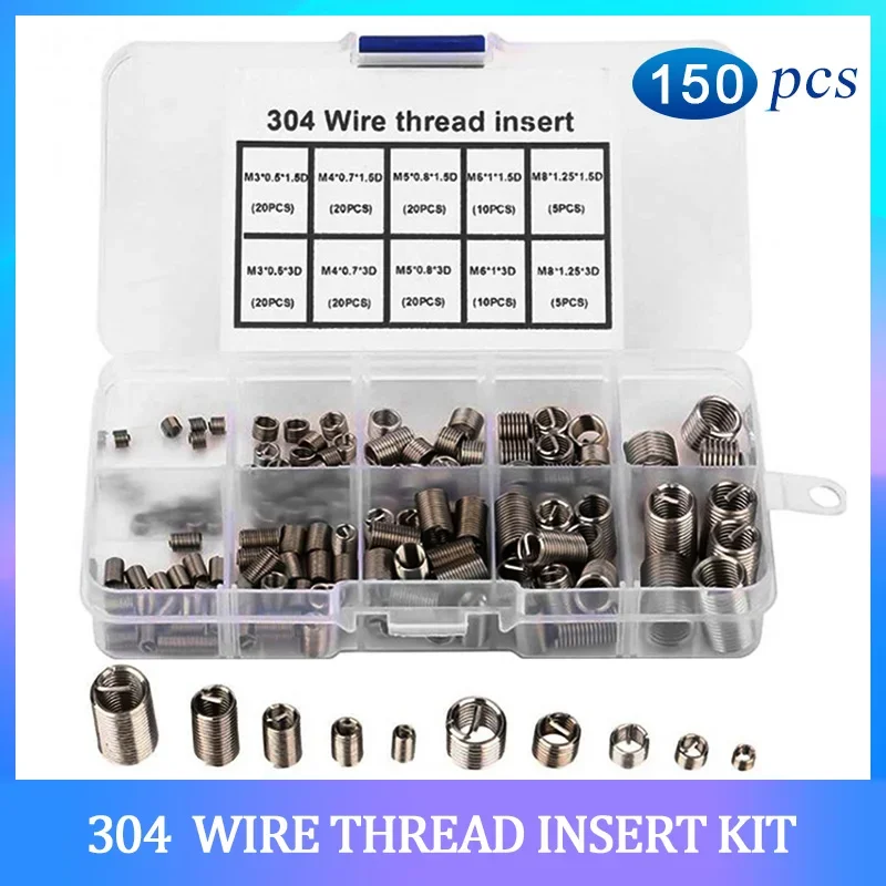 Thread Repair Kit 150PCS M3-M8 304 Stainless Steel Threaded Inserts Helicoil