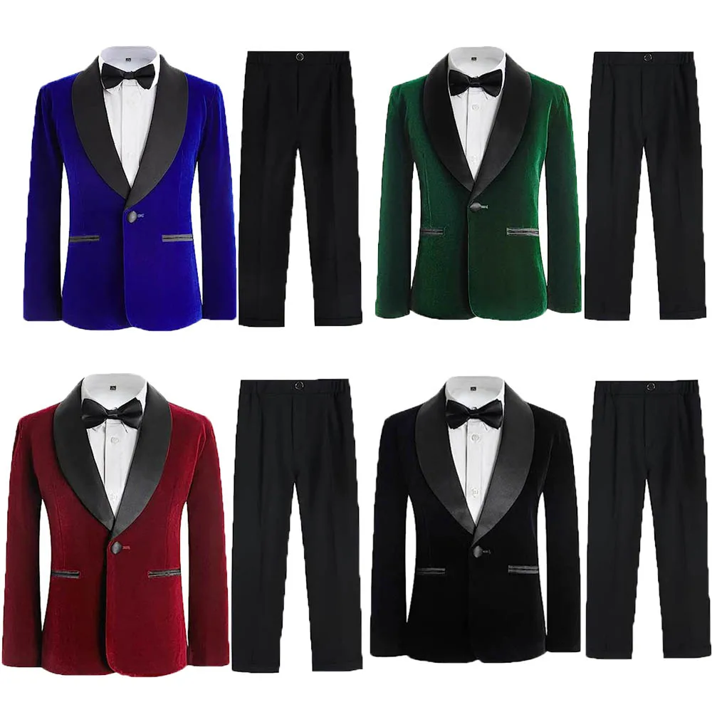 

Flower Boys Velvet Jacket Pants Bowtie 3PCS Photograph Suit Kids 1Year Birthday Dress Children Wedding Performance Evening Set