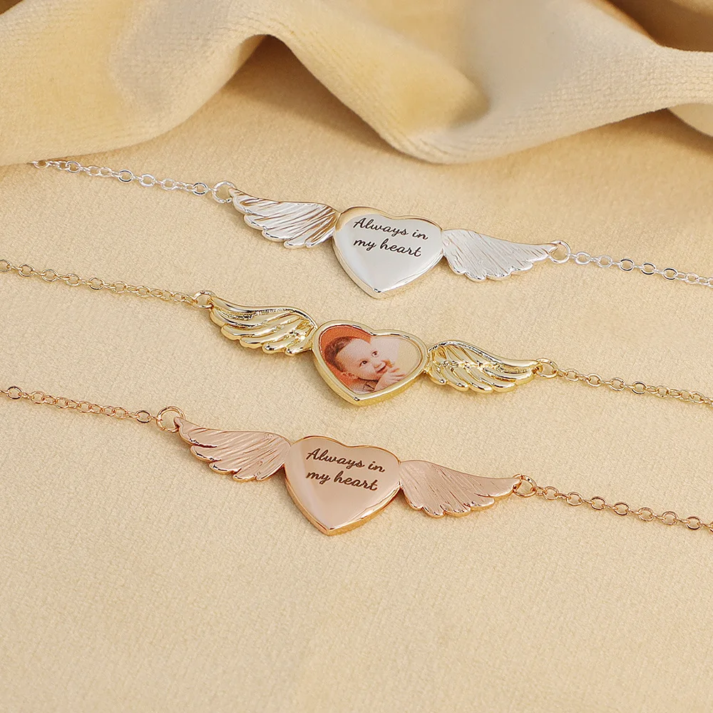 

Heart Angle Wing Custom Photo Necklace Engraved Words Name Text Pendant Fashion Personalized Choker Family Memory Christmas Gift