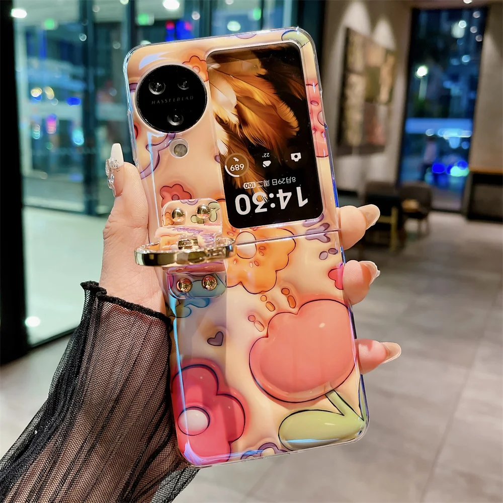 Ring Blue-ray 3D Flower Phone Case For OPPO Find N2 N3 Flip PC Protective Shell Cover