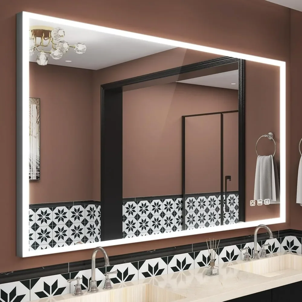 48&rsquo;&rsquo; x 28&rsquo;&rsquo; LED-Bathroom-Mirror-with-Frame, Bluetooth-Speakers, 3 Color Temperatures, Touch-Sensors, Dimmable Brightness