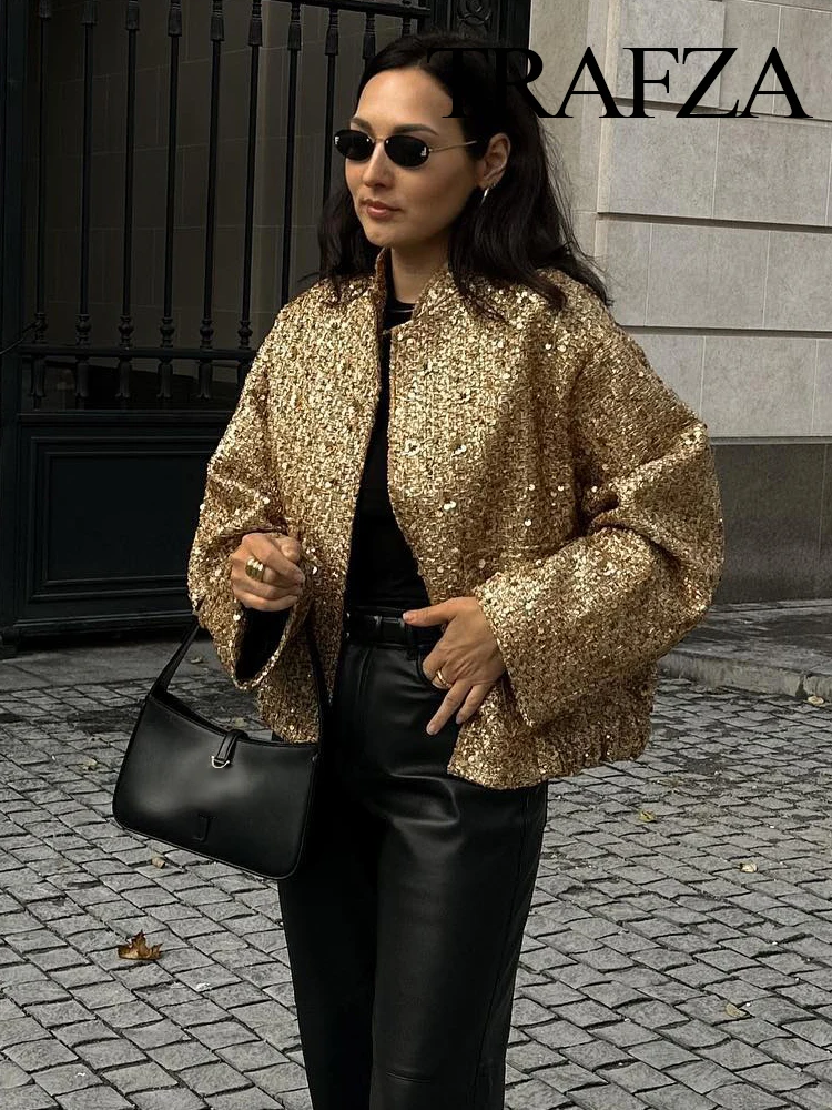 TRAFZA Women Trend Gold Sequin Decoration Loose Short Jacket Woman New Fashion Coat Versatile Warm Chic And Elegant Female Coats