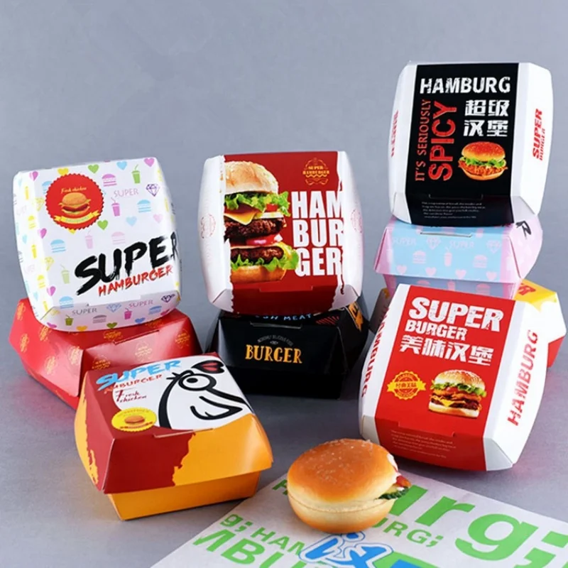 Custom  Wholesale take away Custom Promotion White Cardboard printing Disposable kitchen boxes Paper Hamburger Burger Packaging 