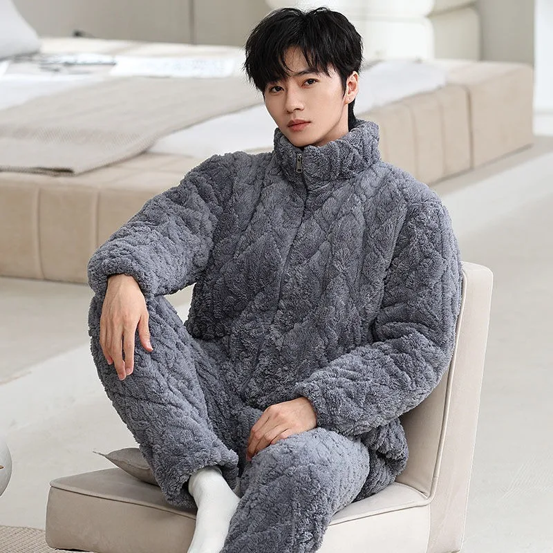 2024 New Men's Autumn Winter Thickened Sleepwear Male Coral Velvet Three-layer Padded Pajamas Flannel Fleece Warm Loungewear Set