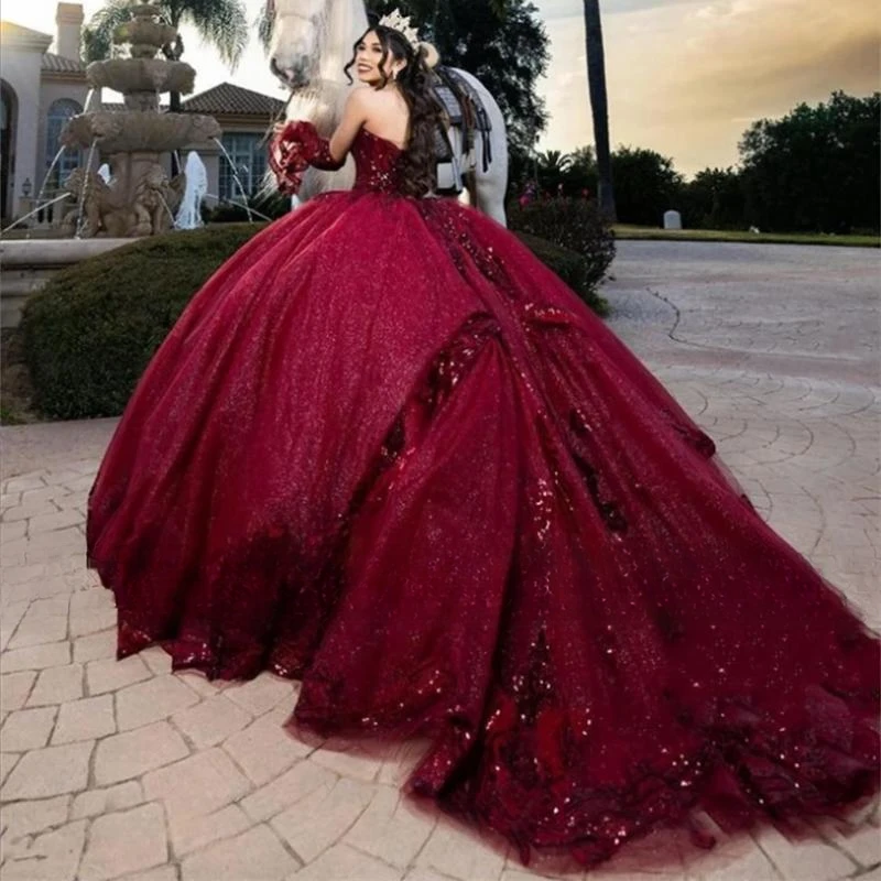 

Burgundy Sweetheart Quinceanera Dress 2024 Sequined Birthday Party Gowns Prom Dress With Gloves Ball Gown Sweet 16 15