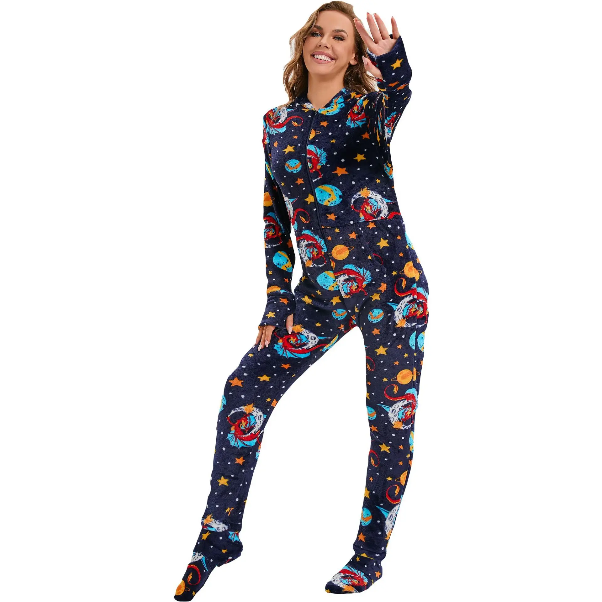 Warm Flannel Hooded Onesies Kigurumi Women's Space Print Pajamas Adults Winter Sleepwear Anime Costumes Jumpsuit