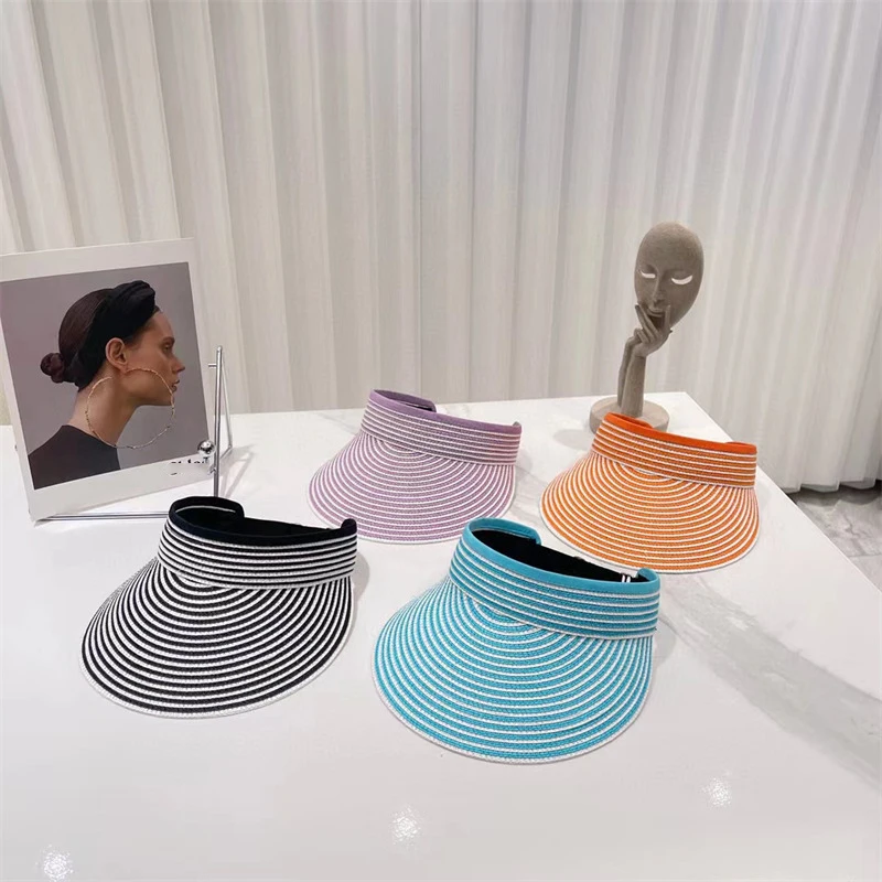 

Spring Summer New Women Personalized Color Stripe Empty Top Hat Large Head Circumference Handmade Straw Hat Casual Sun Visor Cap