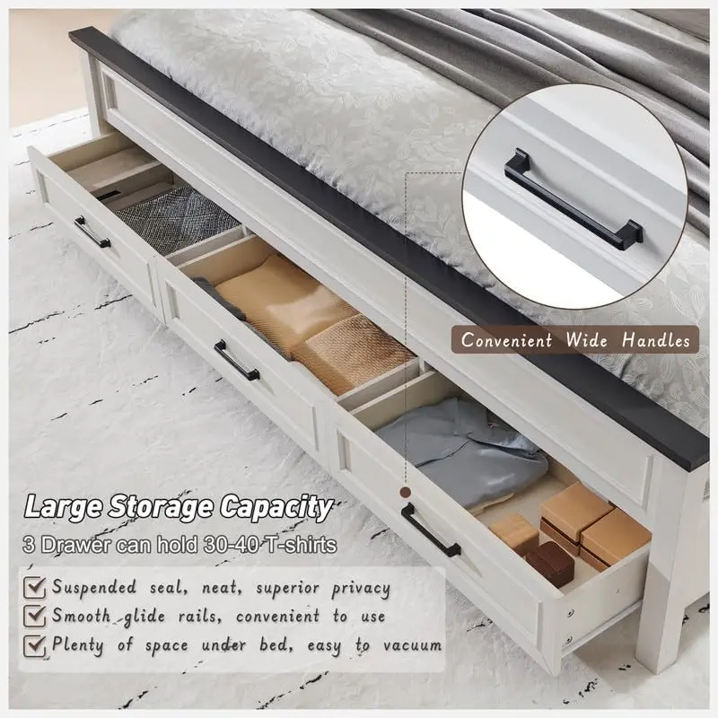 Farmhouse King Size Bed Frame with 52" Tall Full-Panel Headboard, No Squeak, No Box Spring Needed, Antique White 6
