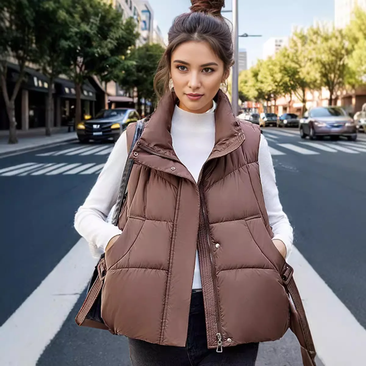 Women Fashion Stand Collar All-Match Warm Sleeveless Waistcoat Jacket Coat Autumn Winter Down Cotton Vest