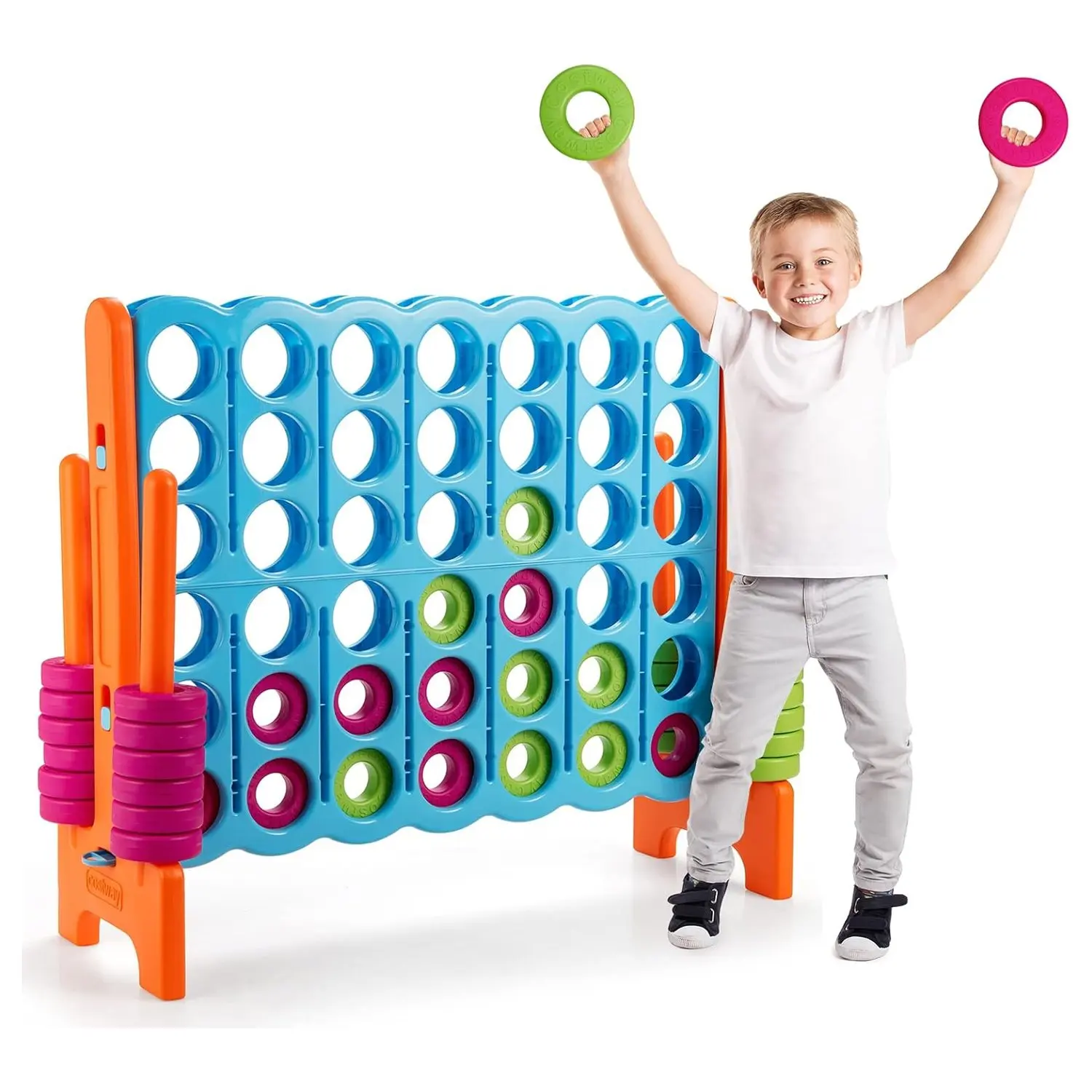 Match Four Game, 4 Win Game Board Sets, Four in One Row Game with 42 Jumbo Rings and Slider (Orange)