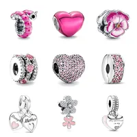 925 Solid Silver Pink Series Butterfly Flower Heart Friends Love Mom Beads Fit Original European Charms Bracelet Jewelry 1