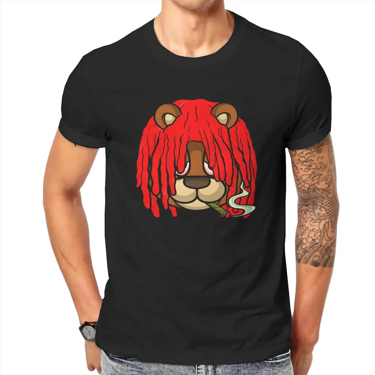 

Long haired smoking bear TShirt for Men Soft Casual Tee T Shirt Novelty Trendy Loose